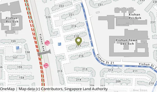 Location map of Blk 217 Yishun St 21, a HDB resale block in Yishun, Singapore