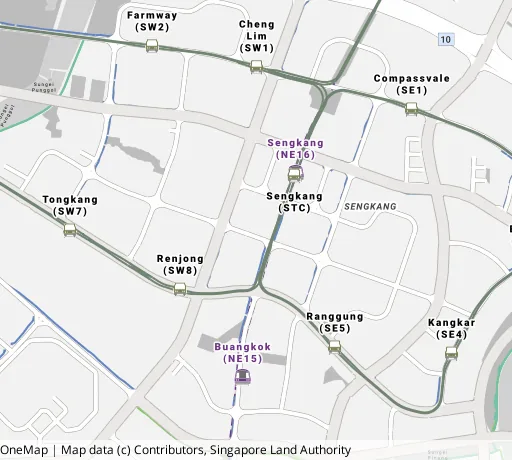 Map of the area around Blk 217A Compassvale Dr in Sengkang, showing 400 m and 1 km rings and 7 primary schools within 1 km