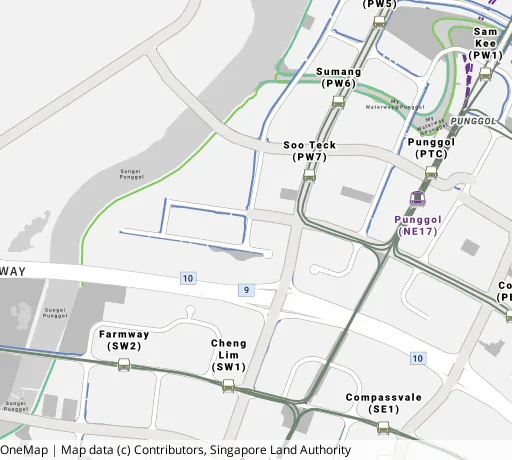 Map of the area around Blk 217A Sumang Walk in Punggol, showing 400 m and 1 km rings and 3 primary schools within 1 km
