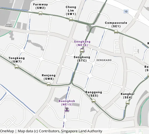 Map of the area around Blk 217B Compassvale Dr in Sengkang, showing 400 m and 1 km rings and 7 primary schools within 1 km