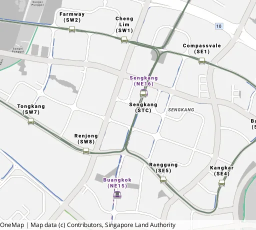 Map of the area around Blk 217C Compassvale Dr in Sengkang, showing 400 m and 1 km rings and 7 primary schools within 1 km