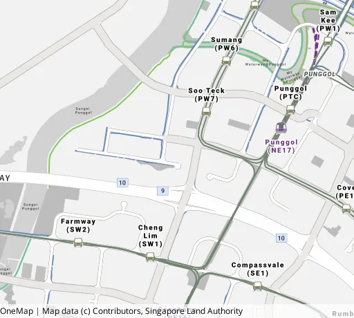 Map of the area around Blk 217C Sumang Walk in Punggol, showing 400 m and 1 km rings and 3 primary schools within 1 km