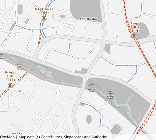 Map of the area around Blk 218 Ang Mo Kio Ave 1 in Ang Mo Kio, showing 400 m and 1 km rings and 1 primary school within 1 km