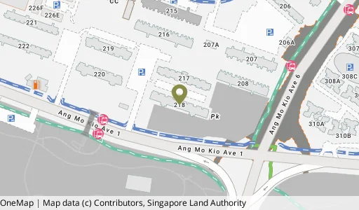 Location map of Blk 218 Ang Mo Kio Ave 1, a HDB resale block in Ang Mo Kio, Singapore