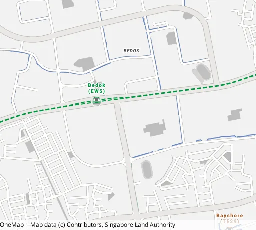 Map of the area around Blk 22 Bedok Sth Ave 1 in Bedok, showing 400 m and 1 km rings and 2 primary schools within 1 km