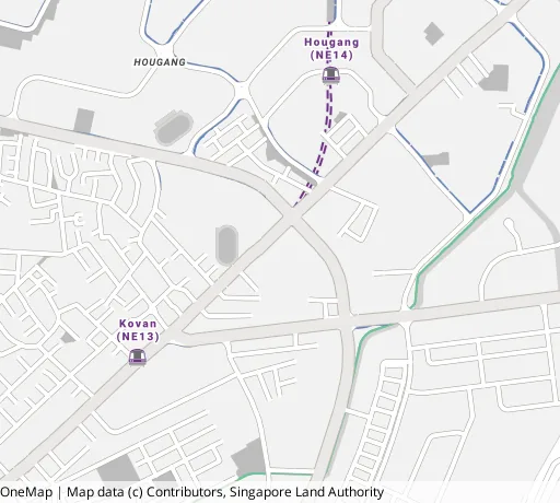 Map of the area around Blk 22 Hougang Ave 3 in Hougang, showing 400 m and 1 km rings and 2 primary schools within 1 km