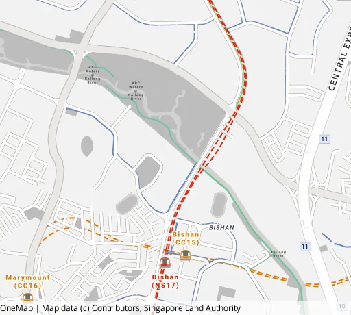 Map of the area around Blk 220 Bishan St 23 in Bishan, showing 400 m and 1 km rings and 2 primary schools within 1 km