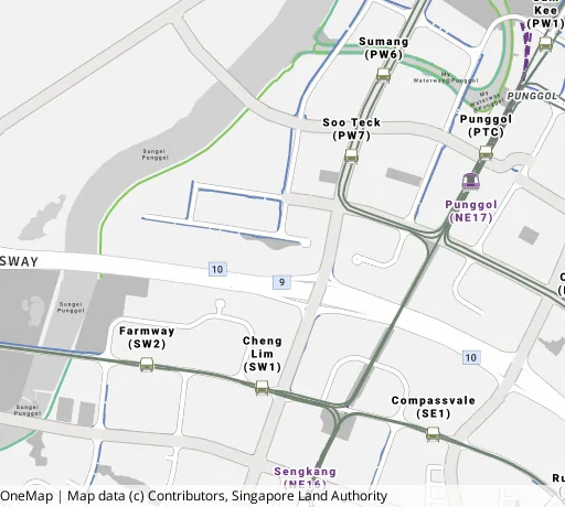 Map of the area around Blk 220A Sumang Lane in Punggol, showing 400 m and 1 km rings and 4 primary schools within 1 km