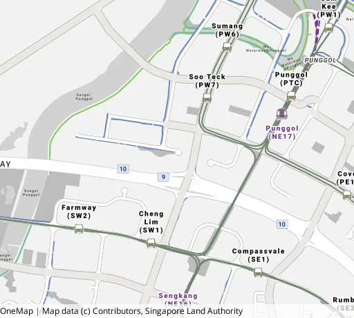 Map of the area around Blk 220B Sumang Lane in Punggol, showing 400 m and 1 km rings and 4 primary schools within 1 km