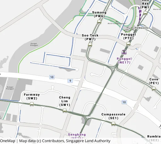 Map of the area around Blk 220C Sumang Lane in Punggol, showing 400 m and 1 km rings and 3 primary schools within 1 km