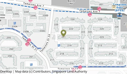 Location map of Blk 221 Tampines St 24, a HDB resale block in Tampines, Singapore