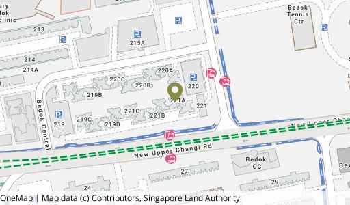 Location map of Blk 221A Bedok Ctrl, a HDB resale block in Bedok, Singapore