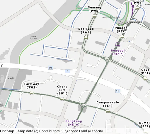 Map of the area around Blk 221A Sumang Lane in Punggol, showing 400 m and 1 km rings and 4 primary schools within 1 km