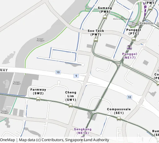 Map of the area around Blk 221B Sumang Lane in Punggol, showing 400 m and 1 km rings and 4 primary schools within 1 km