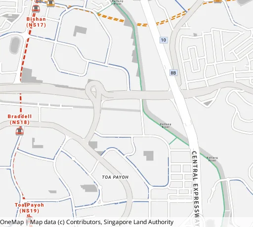 Map of the area around Blk 222 Lor 8 Toa Payoh in Toa Payoh, showing 400 m and 1 km rings and 3 primary schools within 1 km