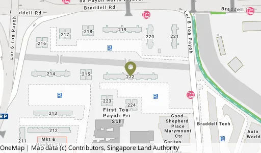 Location map of Blk 222 Lor 8 Toa Payoh, a HDB resale block in Toa Payoh, Singapore
