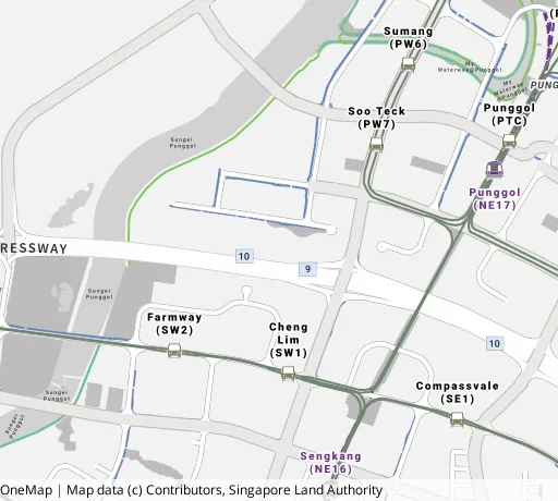 Map of the area around Blk 222A Sumang Lane in Punggol, showing 400 m and 1 km rings and 4 primary schools within 1 km