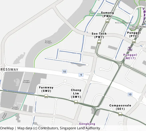Map of the area around Blk 224B Sumang Lane in Punggol, showing 400 m and 1 km rings and 4 primary schools within 1 km