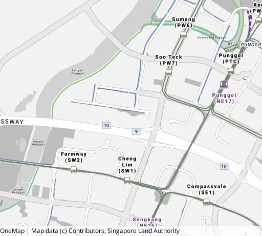 Map of the area around Blk 224C Sumang Lane in Punggol, showing 400 m and 1 km rings and 4 primary schools within 1 km