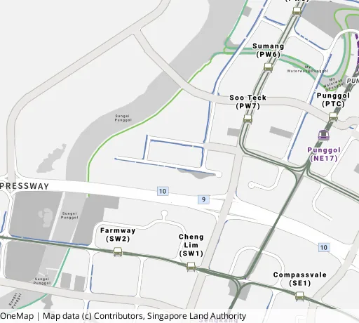 Map of the area around Blk 226A Sumang Lane in Punggol, showing 400 m and 1 km rings and 3 primary schools within 1 km