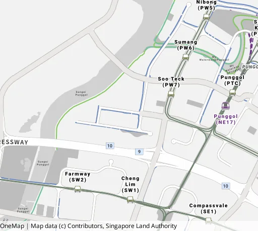 Map of the area around Blk 227B Sumang Lane in Punggol, showing 400 m and 1 km rings and 2 primary schools within 1 km