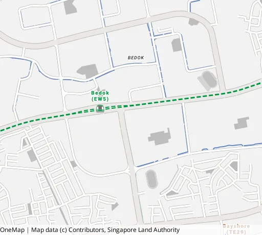 Map of the area around Blk 23 Bedok Sth Ave 1 in Bedok, showing 400 m and 1 km rings and 2 primary schools within 1 km