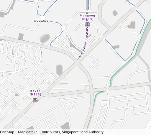 Map of the area around Blk 23 Hougang Ave 3 in Hougang, showing 400 m and 1 km rings and 2 primary schools within 1 km