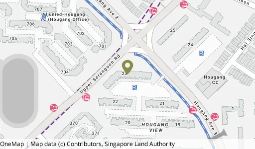 Location map of Blk 23 Hougang Ave 3, a HDB resale block in Hougang, Singapore