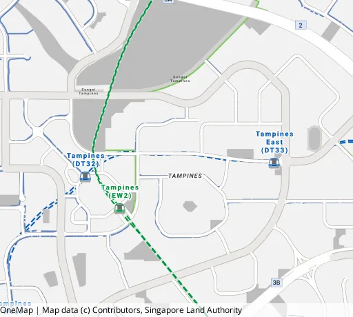 Map of the area around Blk 232 Tampines St 21 in Tampines, showing 400 m and 1 km rings and 5 primary schools within 1 km