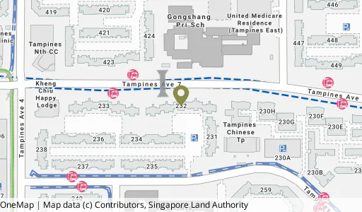 Location map of Blk 232 Tampines St 21, a HDB resale block in Tampines, Singapore