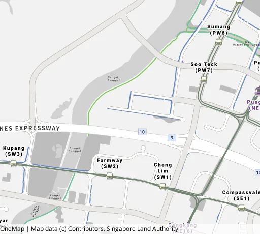 Map of the area around Blk 232A Sumang Lane in Punggol, showing 400 m and 1 km rings and 2 primary schools within 1 km