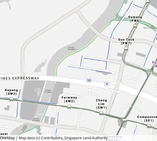 Map of the area around Blk 232B Sumang Lane in Punggol, showing 400 m and 1 km rings and 2 primary schools within 1 km