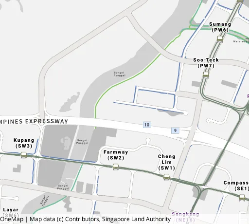 Map of the area around Blk 232C Sumang Lane in Punggol, showing 400 m and 1 km rings and 2 primary schools within 1 km