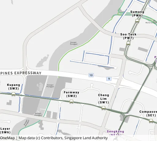 Map of the area around Blk 233A Sumang Lane in Punggol, showing 400 m and 1 km rings and 2 primary schools within 1 km