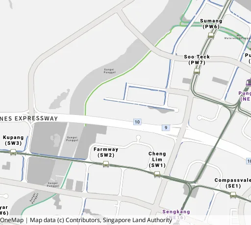 Map of the area around Blk 233C Sumang Lane in Punggol, showing 400 m and 1 km rings and 2 primary schools within 1 km