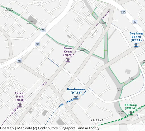 Map of the area around Blk 24 Bendemeer Rd in Kallang/Whampoa, showing 400 m and 1 km rings and 2 primary schools within 1 km
