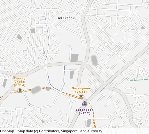 Map of the area around Blk 257 Serangoon Ctrl Dr in Serangoon, showing 400 m and 1 km rings and 3 primary schools within 1 km