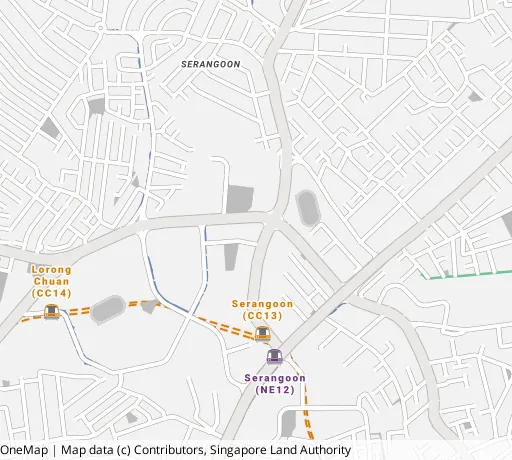 Map of the area around Blk 258 Serangoon Ctrl Dr in Serangoon, showing 400 m and 1 km rings and 3 primary schools within 1 km
