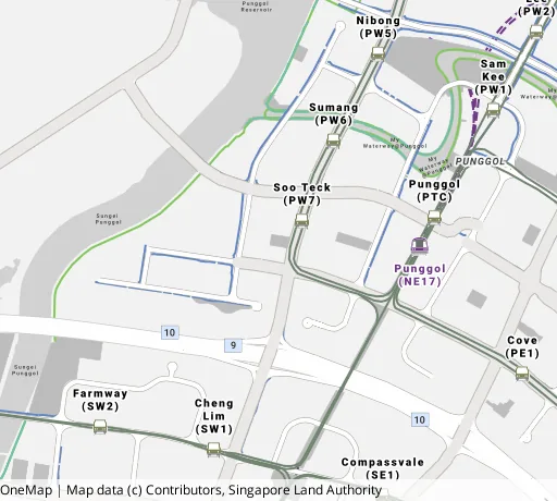 Map of the area around Blk 258C Punggol Field in Punggol, showing 400 m and 1 km rings and 4 primary schools within 1 km