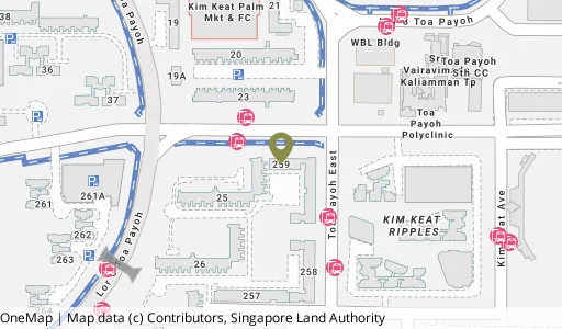 Location map of Blk 259 Kim Keat Ave, a HDB resale block in Toa Payoh, Singapore