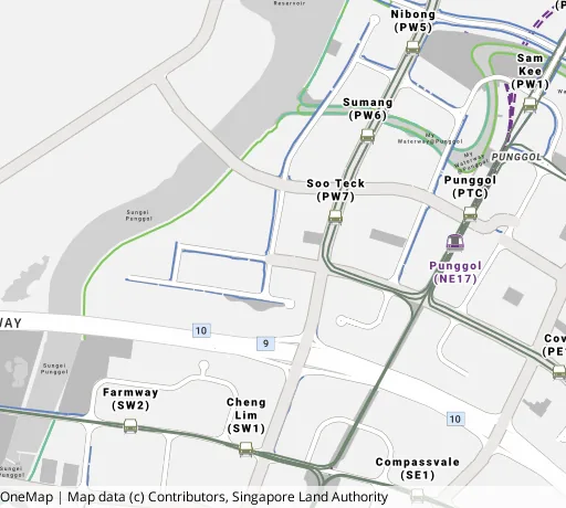 Map of the area around Blk 259B Punggol Field in Punggol, showing 400 m and 1 km rings and 3 primary schools within 1 km