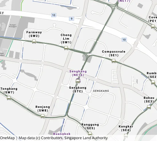 Map of the area around Blk 260A Sengkang East Way in Sengkang, showing 400 m and 1 km rings and 6 primary schools within 1 km