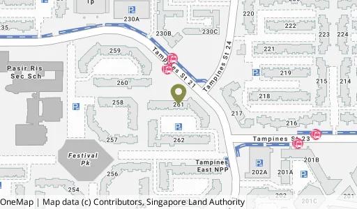 Location map of Blk 261 Tampines St 21, a HDB resale block in Tampines, Singapore
