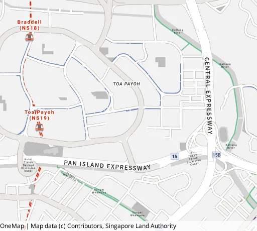 Map of the area around Blk 261 Toa Payoh East in Toa Payoh, showing 400 m and 1 km rings and 3 primary schools within 1 km