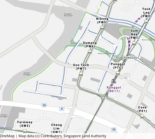 Map of the area around Blk 261A Punggol Way in Punggol, showing 400 m and 1 km rings and 4 primary schools within 1 km