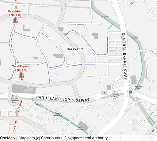 Map of the area around Blk 262 Toa Payoh East in Toa Payoh, showing 400 m and 1 km rings and 2 primary schools within 1 km