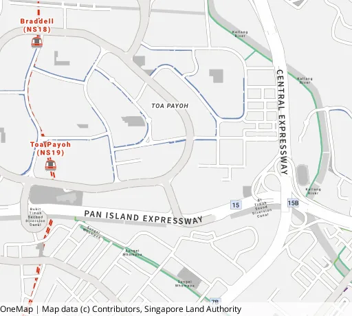 Map of the area around Blk 263 Toa Payoh East in Toa Payoh, showing 400 m and 1 km rings and 2 primary schools within 1 km