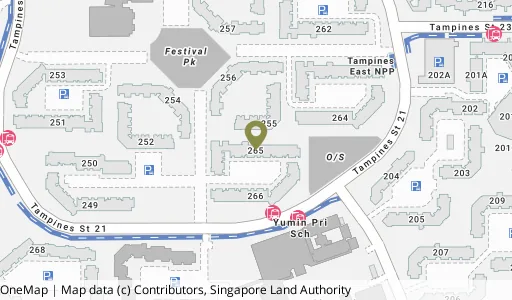Location map of Blk 265 Tampines St 21, a HDB resale block in Tampines, Singapore