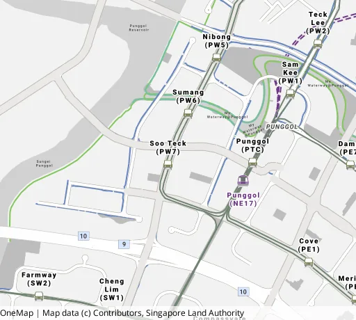 Map of the area around Blk 266B Punggol Way in Punggol, showing 400 m and 1 km rings and 4 primary schools within 1 km