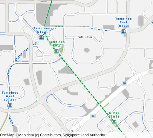 Map of the area around Blk 269 Tampines St 21 in Tampines, showing 400 m and 1 km rings and 4 primary schools within 1 km